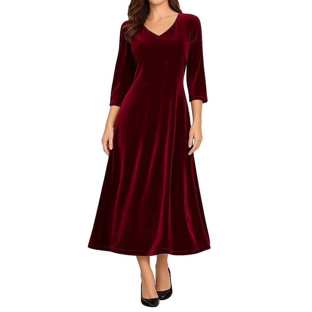 Vintage Talbots USA Burgundy Velvet Dress 8 A-Line Midi 3/4 Sleeve Holiday Party